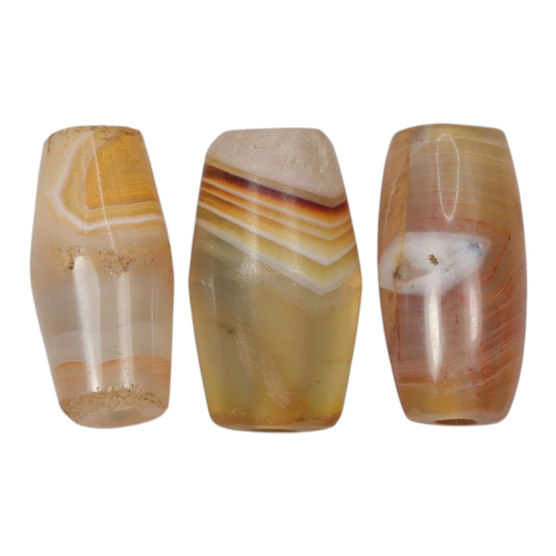 Lot of 3 Antique Central Asian / Himalayan Banded Agate Trade Beads, 15th-19th Century, 32WS: This lot comprises 3 antique banded agate beads, characteristic of Central Asian or Himalayan trade traditions. Each bead exhibits signs of significant age, including natural patination, surface wear,