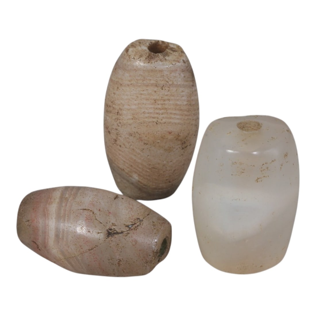 Lot of 3 Antique Central Asian / Himalayan Banded Agate Trade Beads, 15th-19th Century., 47AK: This lot comprises 3 antique banded agate beads, characteristic of Central Asian or Himalayan trade traditions. Each bead exhibits signs of significant age, including natural patination, surface wear,