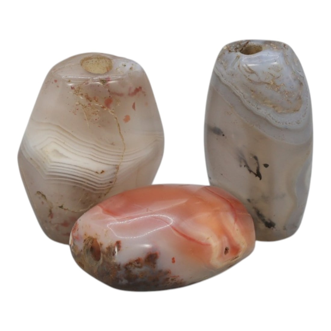 Lot of 3 Antique Central Asian / Himalayan Banded Agate Trade Beads, 15th-19th Century, 54WS: This lot comprises 3 antique banded agate beads, characteristic of Central Asian or Himalayan trade traditions. Each bead exhibits signs of significant age, including natural patination, surface wear,