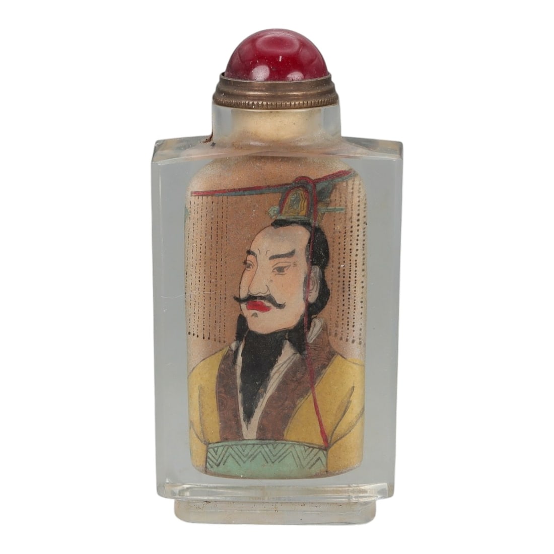 A Chinese Crystal Glass Snuff Bottle, 20th Century, 63FG: The snuff bottle is formed from clear crystal glass and of flattened rectangular form, rising from a narrow foot to a short cylindrical neck with a flat rim. One side is inside-painted with a frontal 