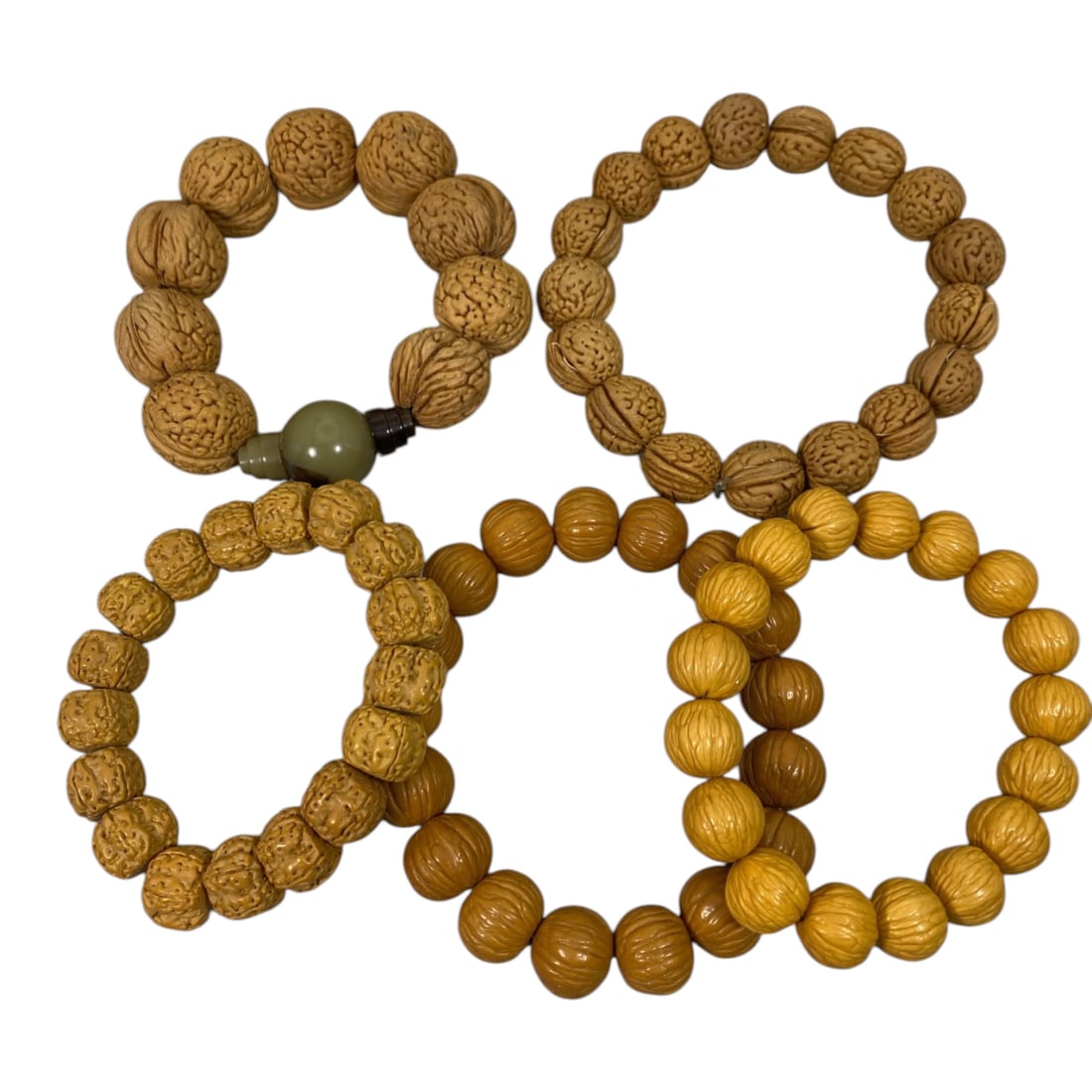 Lot of 5 Vintage Oriental Chinese Seed Bead Bracelets, 47WP: A curated lot of five vintage Chinese seed bead bracelets, crafted from natural nut or seed materials with polished, aged finishes. The bracelets feature varying bead sizes, textures, and warm brown t