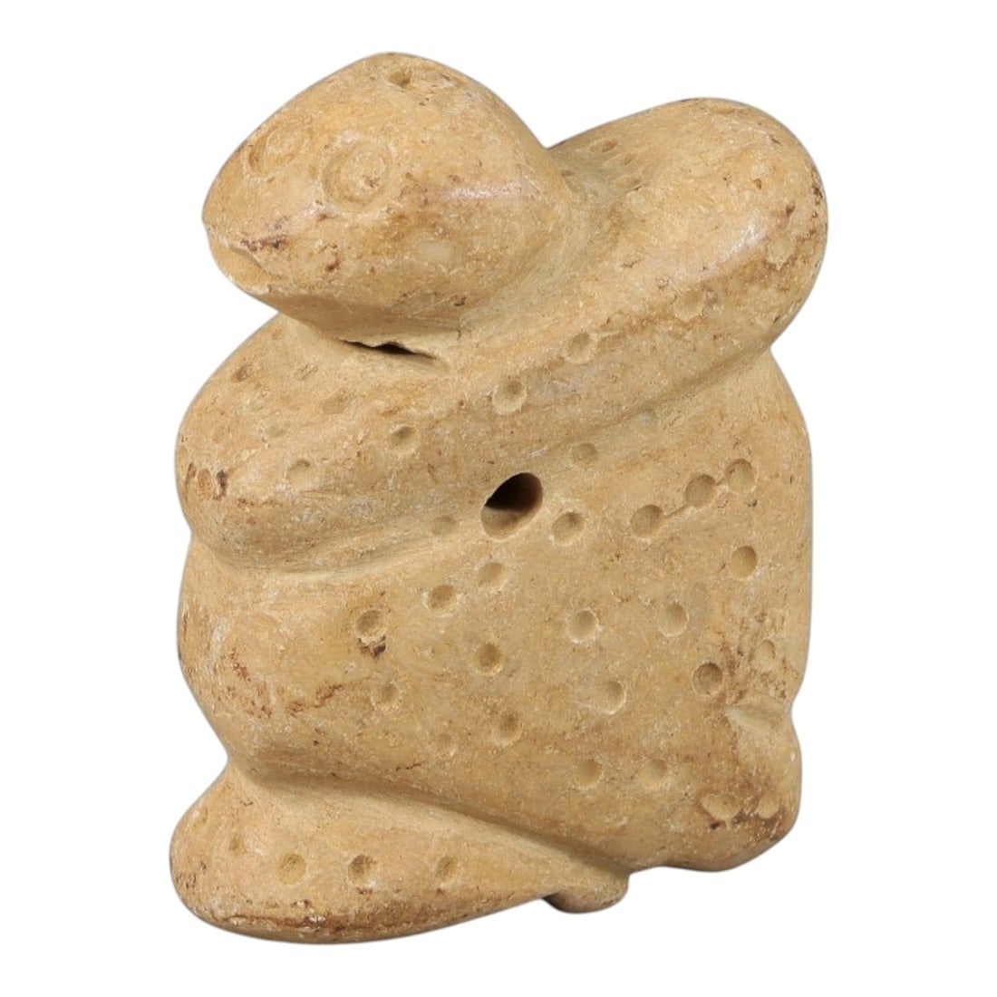 Ancient Stone Anthropomorphic Amulet - Near Eastern Carved Figurine, 56BA: Carved from light-colored hardstone, this amulet takes the form of a stylized anthropomorphic (humanoid) figure, rendered in three dimensions with simplified, bold carving. The figure is decorated wit