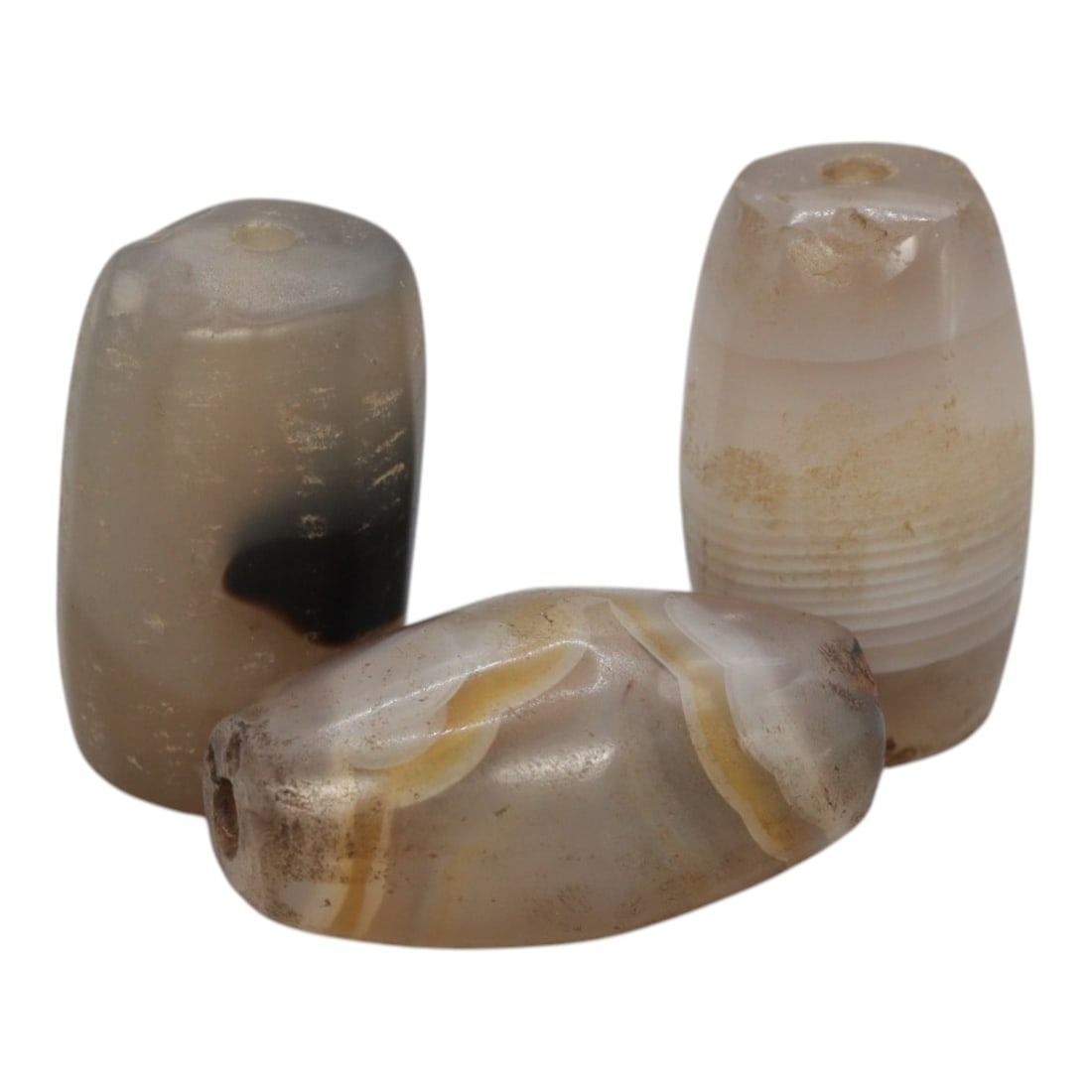 Lot of 3 Antique Central Asian / Himalayan Banded Agate Trade Beads, 15th-19th Century, 44WS: This lot comprises 3 antique banded agate beads, characteristic of Central Asian or Himalayan trade traditions. Each bead exhibits signs of significant age, including natural patination, surface wear,