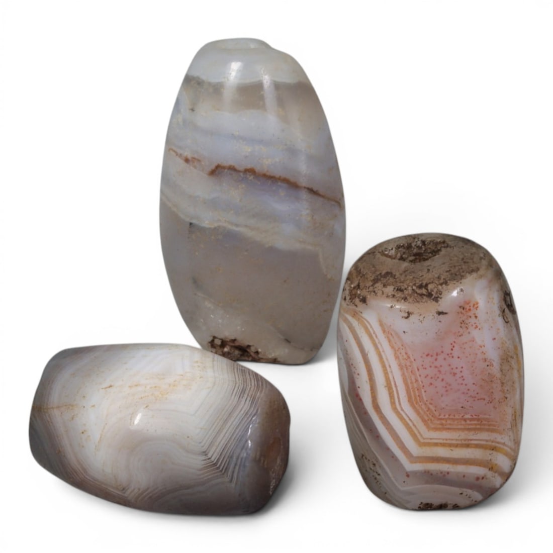 Lot of 3 Antique Central Asian / Himalayan Banded Agate Trade Beads, 15th-19th Century., 88AJ: This lot comprises 3 antique banded agate beads, characteristic of Central Asian or Himalayan trade traditions. Each bead exhibits signs of significant age, including natural patination, surface wear,