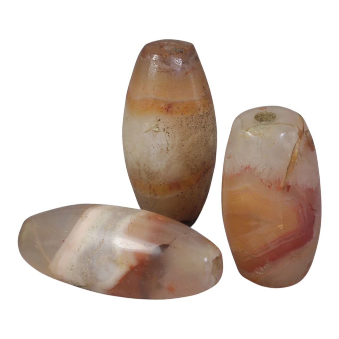 Lot of 3 Antique Central Asian / Himalayan Banded Agate Trade Beads, 15th-19th Century., 75AK: This lot comprises 3 antique banded agate beads, characteristic of Central Asian or Himalayan trade traditions. Each bead exhibits signs of significant age, including natural patination, surface wear,