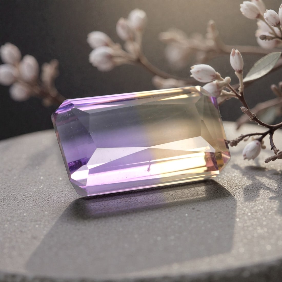 7.238 Carats Violet and Yellow Ametrine - Natural Brazilian Gemstone, LZ275: This impressive octagon step-cut ametrine showcases a striking, well-defined fusion of deep violet and warm golden-yellow hues, a hallmark of this dual-colored quartz. The step-cut faceting enhances t