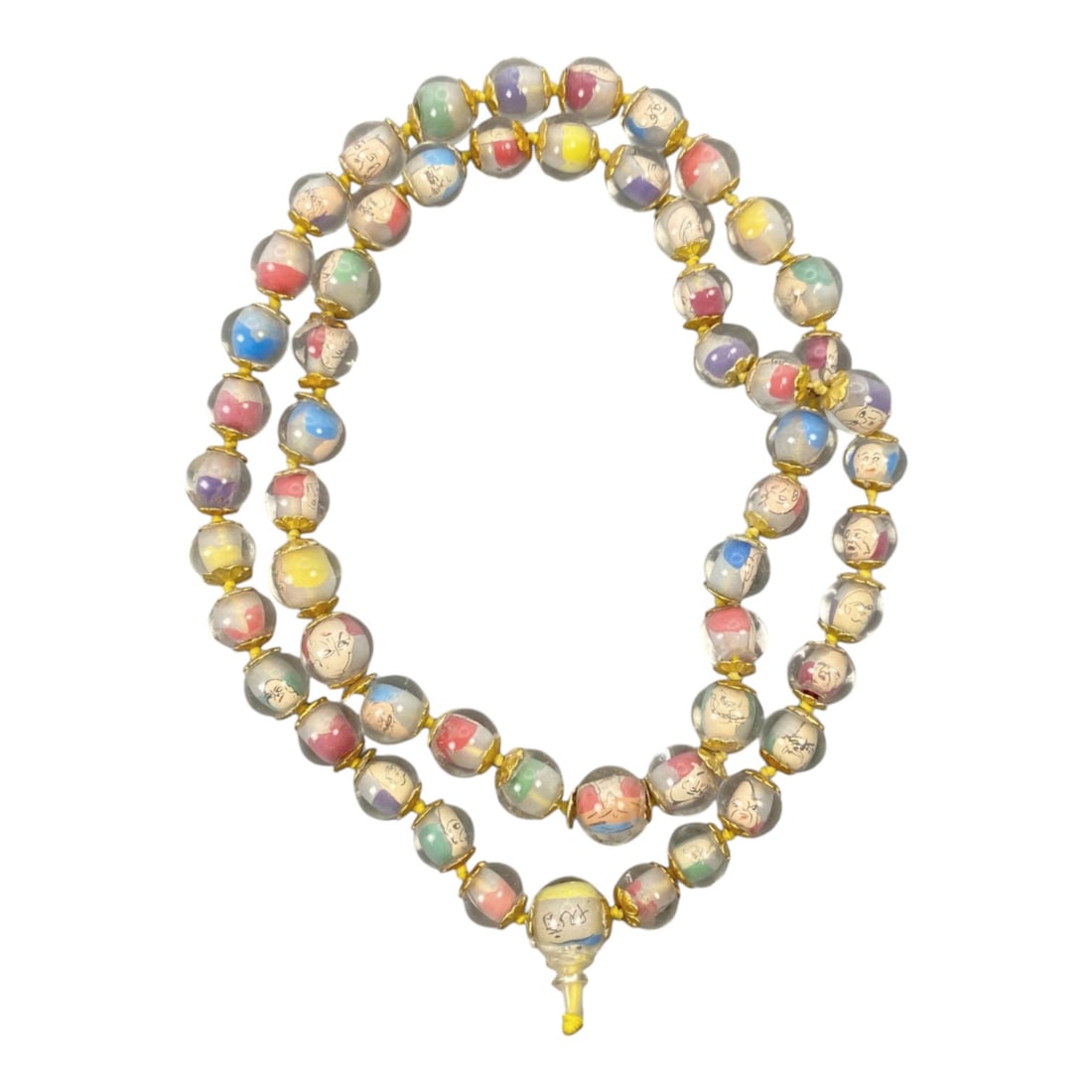 A Chinese Glass Beaded Necklace with Inner Painting, 20th Century, 38FJ: The necklace is composed of a long strand of spherical transparent glass beads, each finely decorated with inner-painted figural portraits rendered in black line against softly colored grounds of red,
