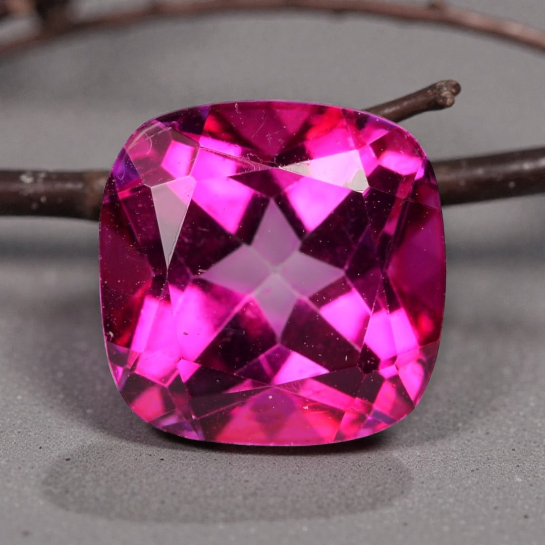 5.735 Carats Certified Deep Pink Purplish Topaz - Natural Brazilian Gemstone, LZ274: This substantial cushion fancy-cut topaz dazzles with a deep pink hue infused with rich purplish undertones, creating a vivid, saturated color profile that evokes the vibrancy of tropical blooms and t
