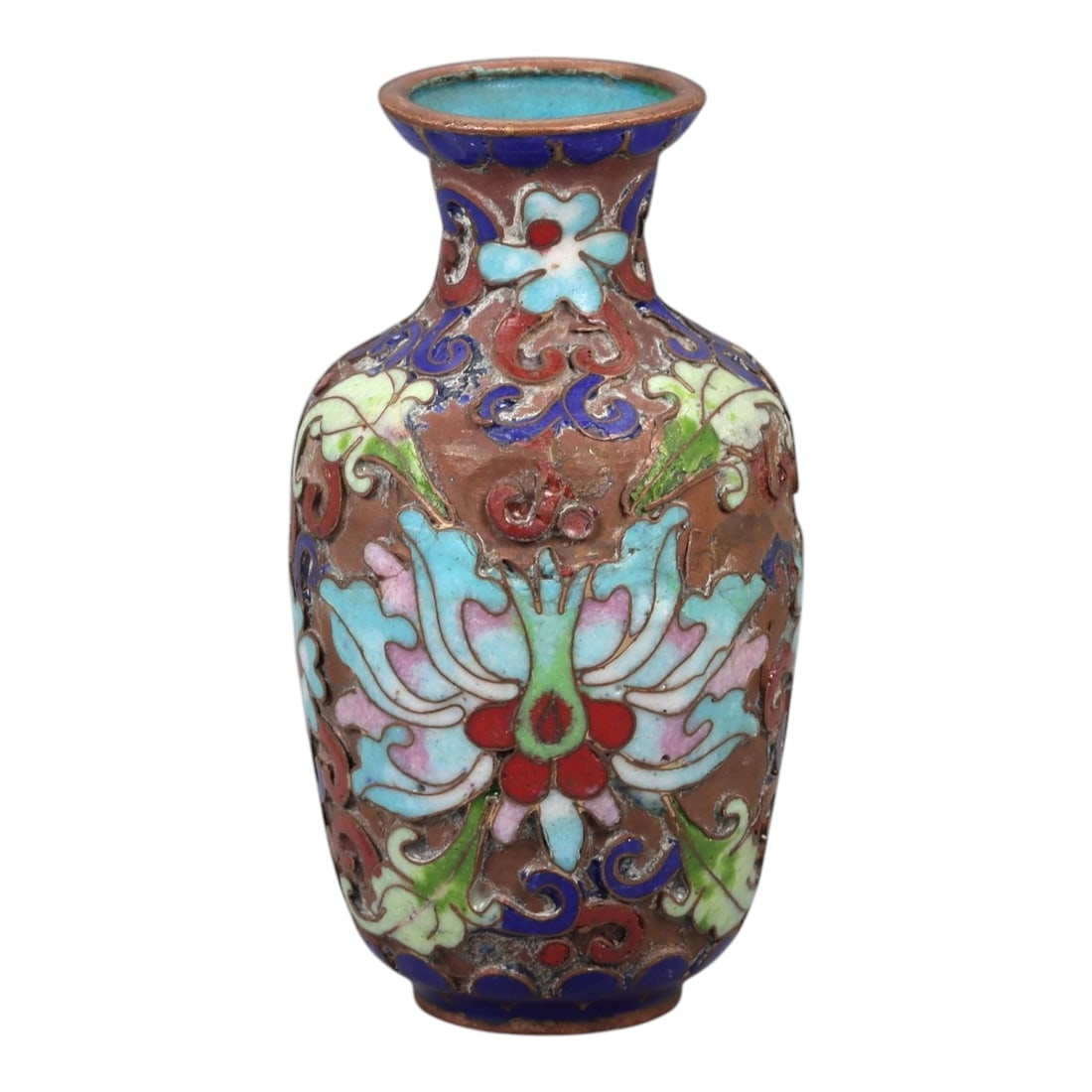 A Chinese Cloisonne Enamel Vase, 20th Century, 2FJ: The vessel is formed from a copper body with applied cloisonne wirework filled with opaque enamel. It is potted with a small ovoid body rising from a narrow foot to a short waisted neck with a flared 