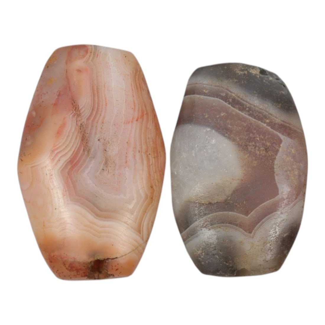 Lot of 2 Antique Central Asian / Himalayan Banded Agate Trade Beads, 15th-19th Century, 61WS: This lot comprises 2 antique banded agate beads, characteristic of Central Asian or Himalayan trade traditions. Each bead exhibits signs of significant age, including natural patination, surface wear,
