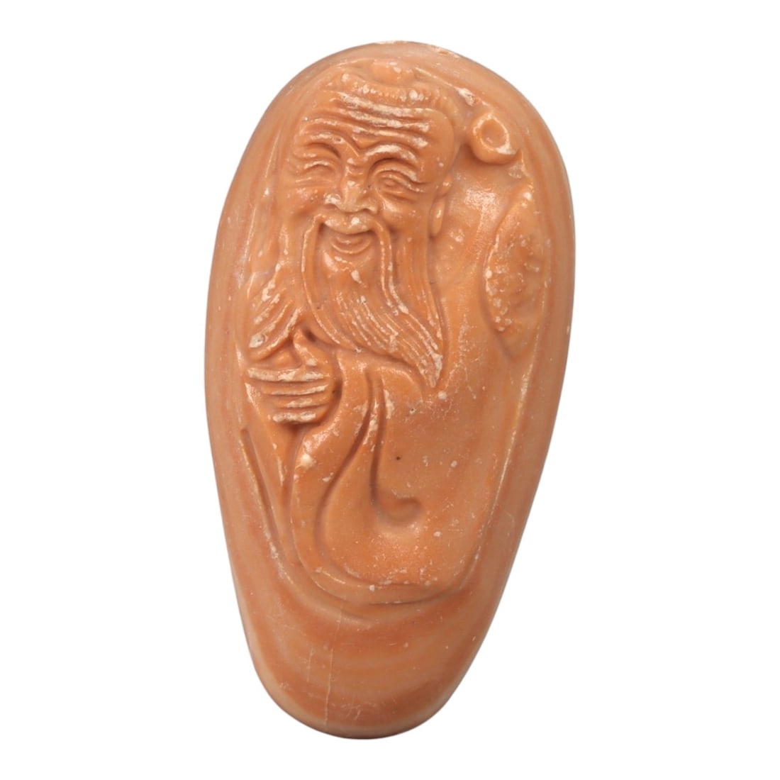 A Chinese Hardstone Figure of a Daoist Immortal, 20th Century, 23YB: Carved from reddish-brown hardstone with areas of lighter mottling and scattered surface inclusions, the object is worked as a vertical, elongated figure in relief. The figure is depicted with a long 