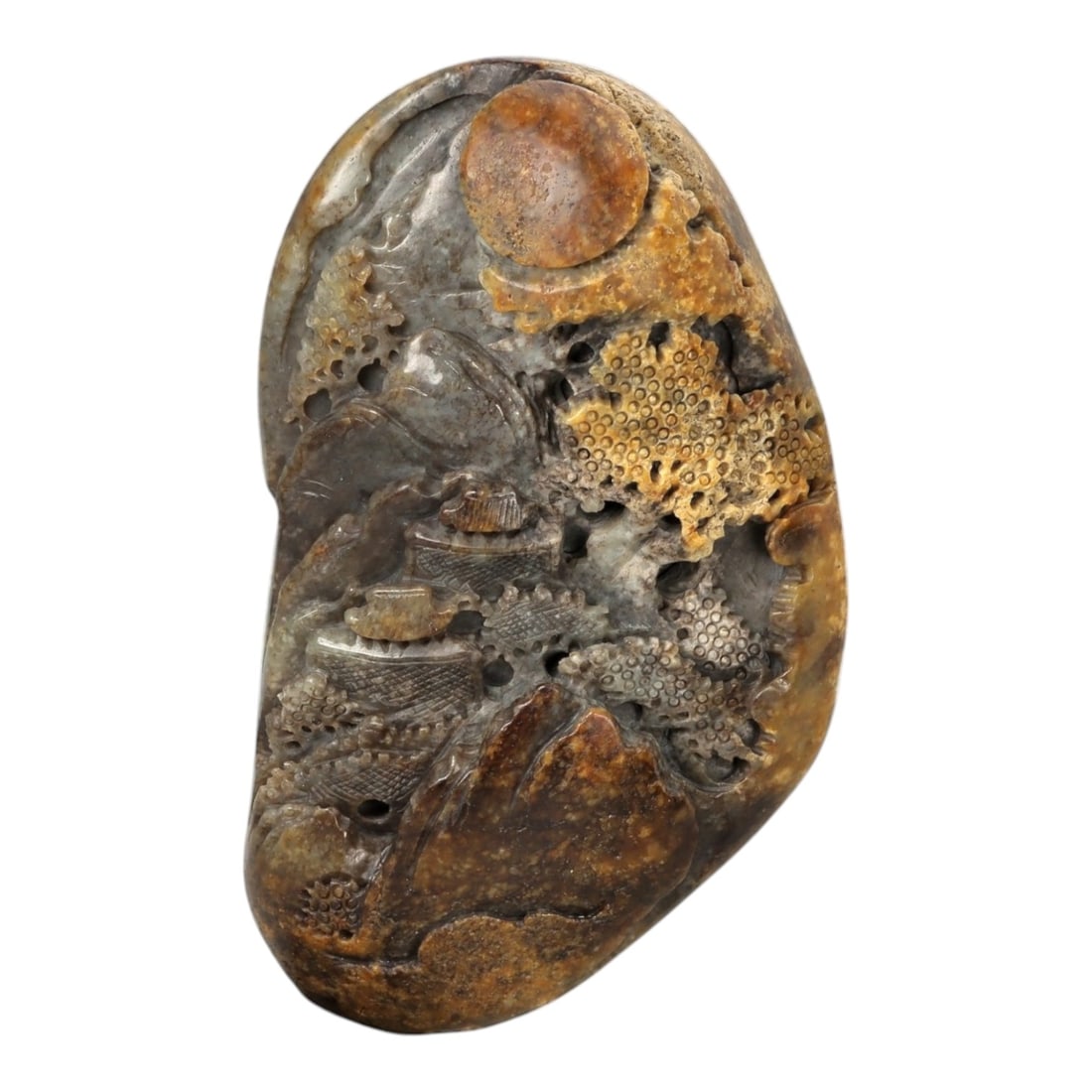 A Chinese Hetian Jade Scholar's Rock-Form Display, 20th Century, 43FC: Carved from a naturally shaped piece of Hetian jade with variegated tones of warm russet, honey-brown, and cool gray, this freestanding display carving is worked in the manner of a miniature scholar's