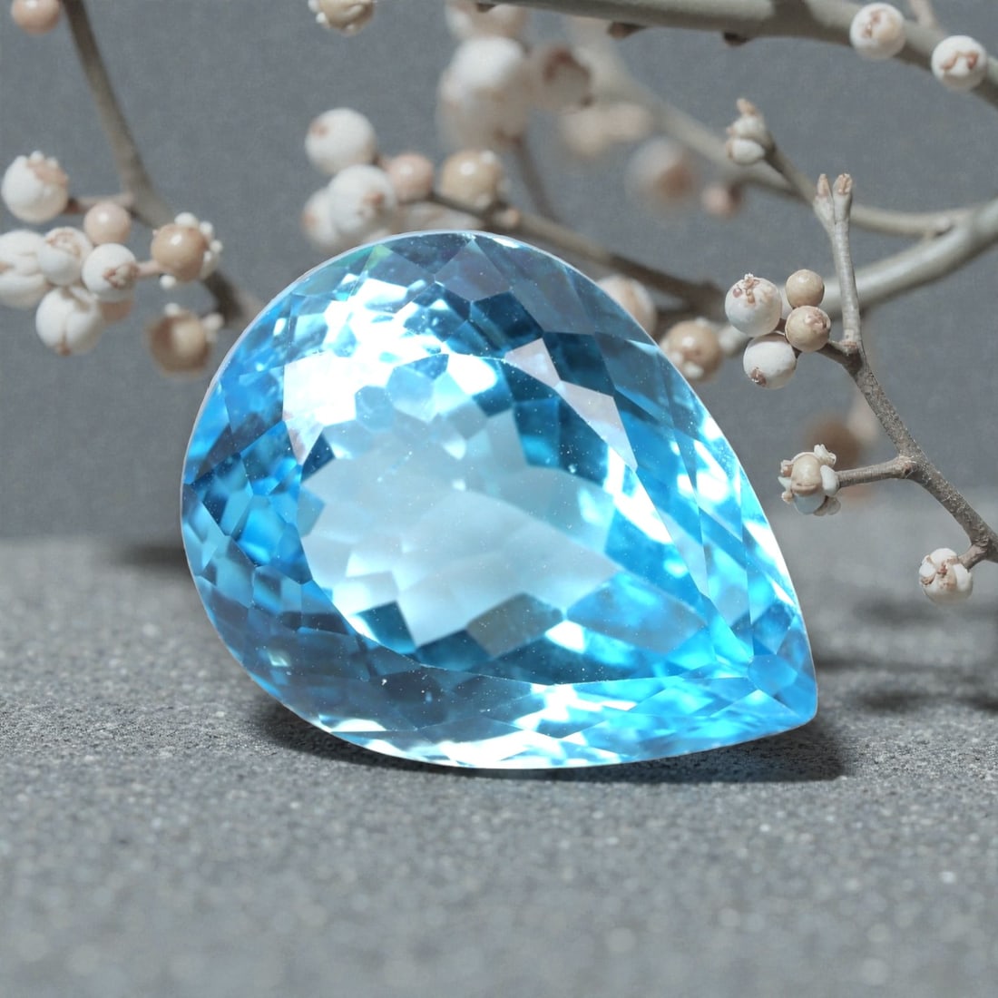 37.64 Carats Swiss Blue Topaz Pear - Natural Brazilian Stone, LZ108: This magnificent pear-cut Swiss blue topaz radiates with a vibrant, icy blue hue that evokes the clarity of alpine lakes and glacial skies. The gem is masterfully faceted, with precisely angled surfac