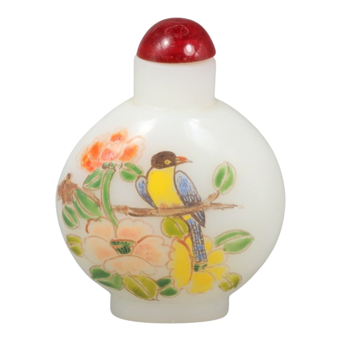 A Chinese Glass Painted Snuff Bottle, 20th Century, 13YC: The bottle is formed of translucent white glass and potted with a flattened globular body rising from a short circular foot to a cylindrical neck with a recessed mouth, fitted with a red glass stopper