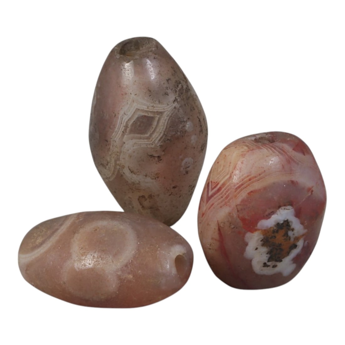 Lot of 3 Antique Central Asian / Himalayan Banded Agate Trade Beads, 15th-19th Century., 57AK: This lot comprises 3 antique banded agate beads, characteristic of Central Asian or Himalayan trade traditions. Each bead exhibits signs of significant age, including natural patination, surface wear,