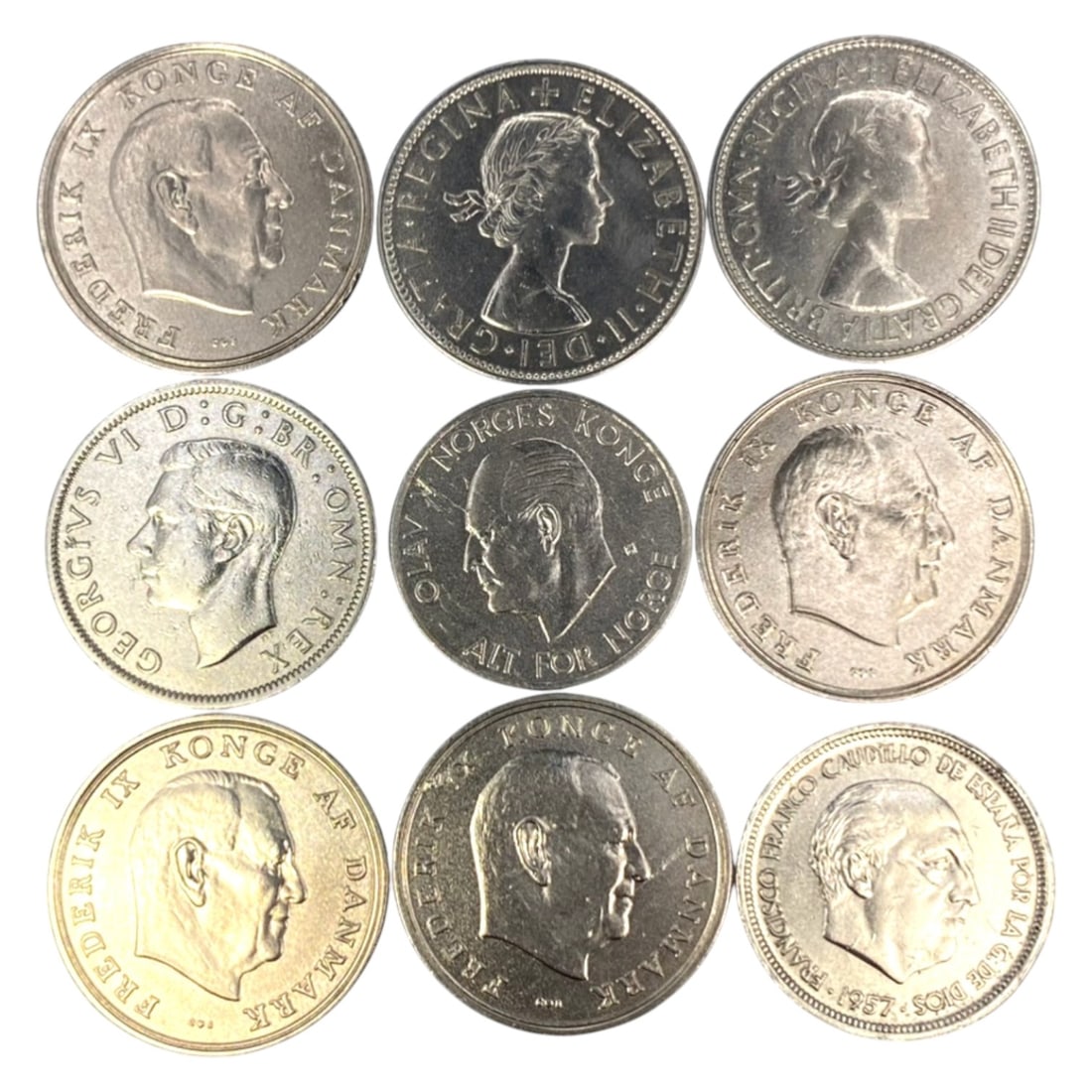 EUROPE: Post-War Monetary Unity - Multi-National 9-Coin Assortment, 1950s-1970s, 30-33mm, 29ZJ: This curated 9-coin assortment encapsulates the monetary and cultural cohesion of Western Europe in the decades following the Second World War, uniting numismatic legacies from Great Britain, Denmark,