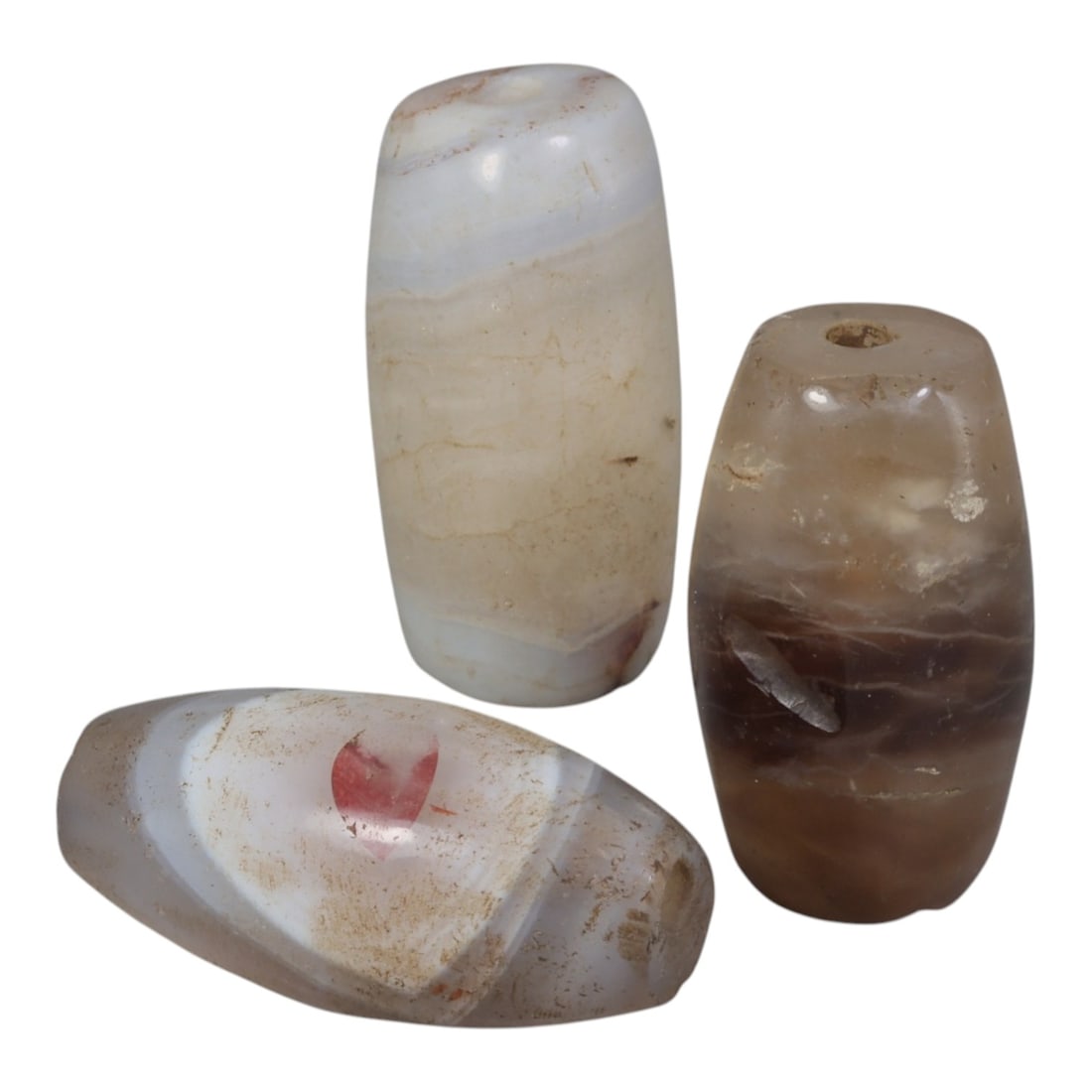 Lot of 3 Antique Central Asian / Himalayan Banded Agate Trade Beads, 15th-19th Century., 50AK: This lot comprises 3 antique banded agate beads, characteristic of Central Asian or Himalayan trade traditions. Each bead exhibits signs of significant age, including natural patination, surface wear,
