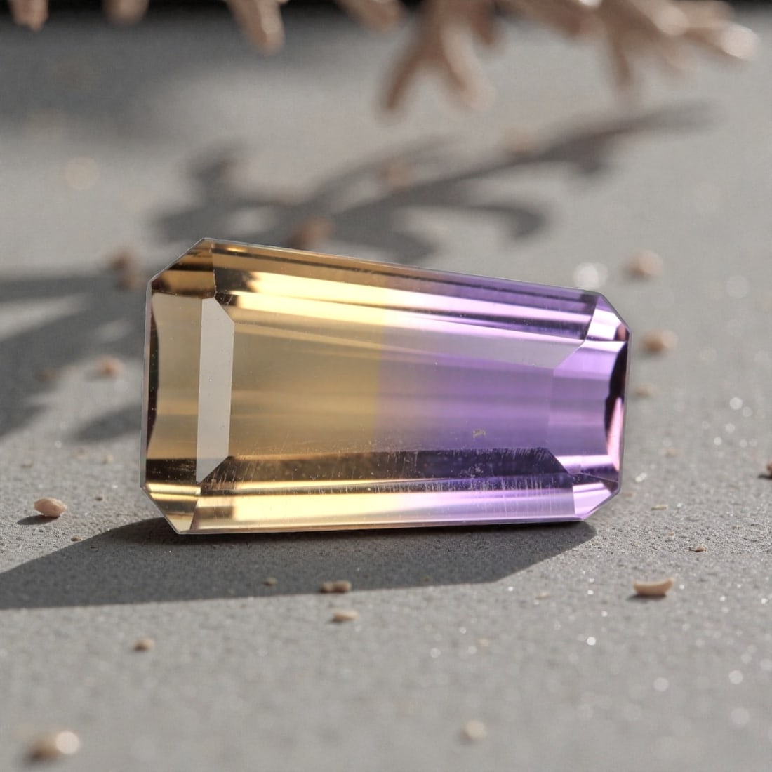 7.493 Carats Violet and Yellow Ametrine - Natural Bolivian Gemstone, LZ280: This exceptional 7.493 carat octagon step-cut ametrine presents a masterful fusion of saturated violet and warm golden-yellow hues, with a crisp, well-defined color boundary that is the hallmark of pr