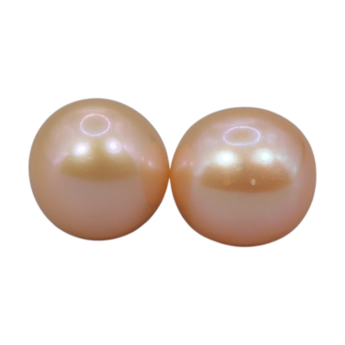 Freshwater Pearl Pair - Natural Pearl Peach Round Gemstones 7.8mm, 36XA: A matched pair of natural freshwater pearls, exhibiting a soft peach-gold hue with bright, even luster and fine orient. The pearls are near-spherical, with smooth nacre and minimal natural surface var