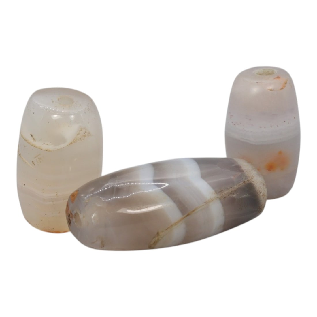 Lot of 3 Antique Central Asian / Himalayan Banded Agate Trade Beads, 15th-19th Century, 39WS: This lot comprises 3 antique banded agate beads, characteristic of Central Asian or Himalayan trade traditions. Each bead exhibits signs of significant age, including natural patination, surface wear,