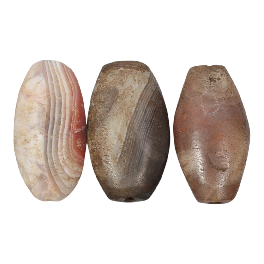 Lot of 3 Antique Central Asian / Himalayan Banded Agate Trade Beads, 15th-19th Century, 62WS: This lot comprises 3 antique banded agate beads, characteristic of Central Asian or Himalayan trade traditions. Each bead exhibits signs of significant age, including natural patination, surface wear,