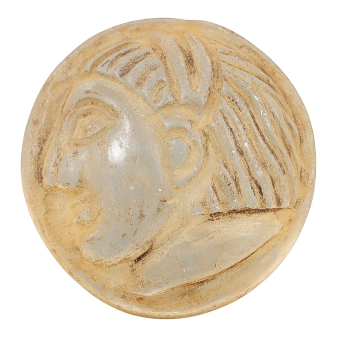 Ancient Glass Medieval Amulet - Near Eastern Relic, 90AL: This artifact is crafted from ancient glass, formed into a circular disc and carved in relief with a profile human head, featuring stylized linear hair patterns, defined facial features, and a distinc