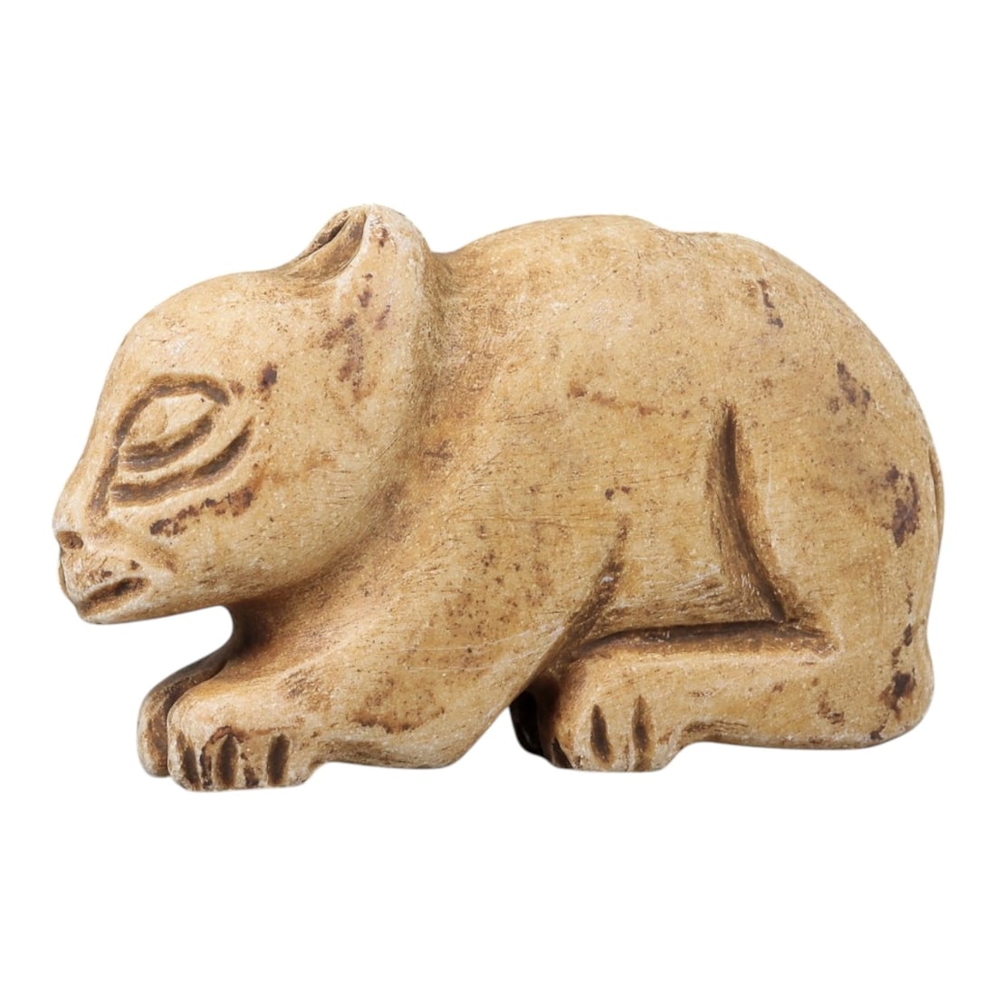 Ancient Stone Rodent Figurine - Near Eastern Animal Amulet, 64BF: Carved from a light tan stone with a naturally aged patina, this figurine depicts a stylized rodent in a crouched, forward-facing posture. The animal's form is rendered with expressive, rounded propor