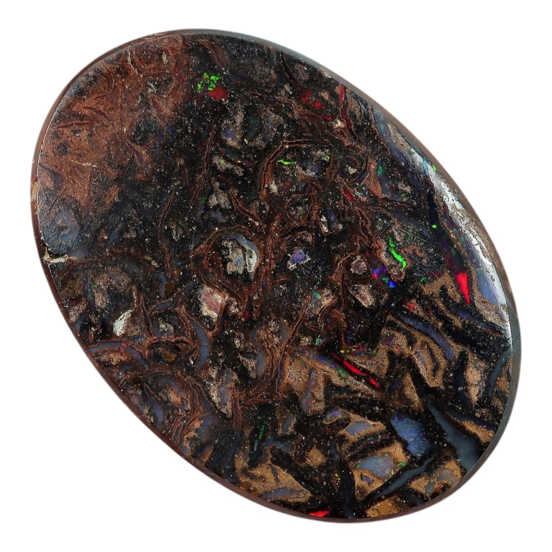 3.37 Carats Koroit Yowah Opal Cabochon - Natural Australian Single Stone, 77XL: This striking Koroit Yowah opal cabochon, measuring 12.5x8.8mm, features a dense, textured ironstone matrix in layered tones of deep chocolate brown, warm tan, and jet black. The stone's internal land
