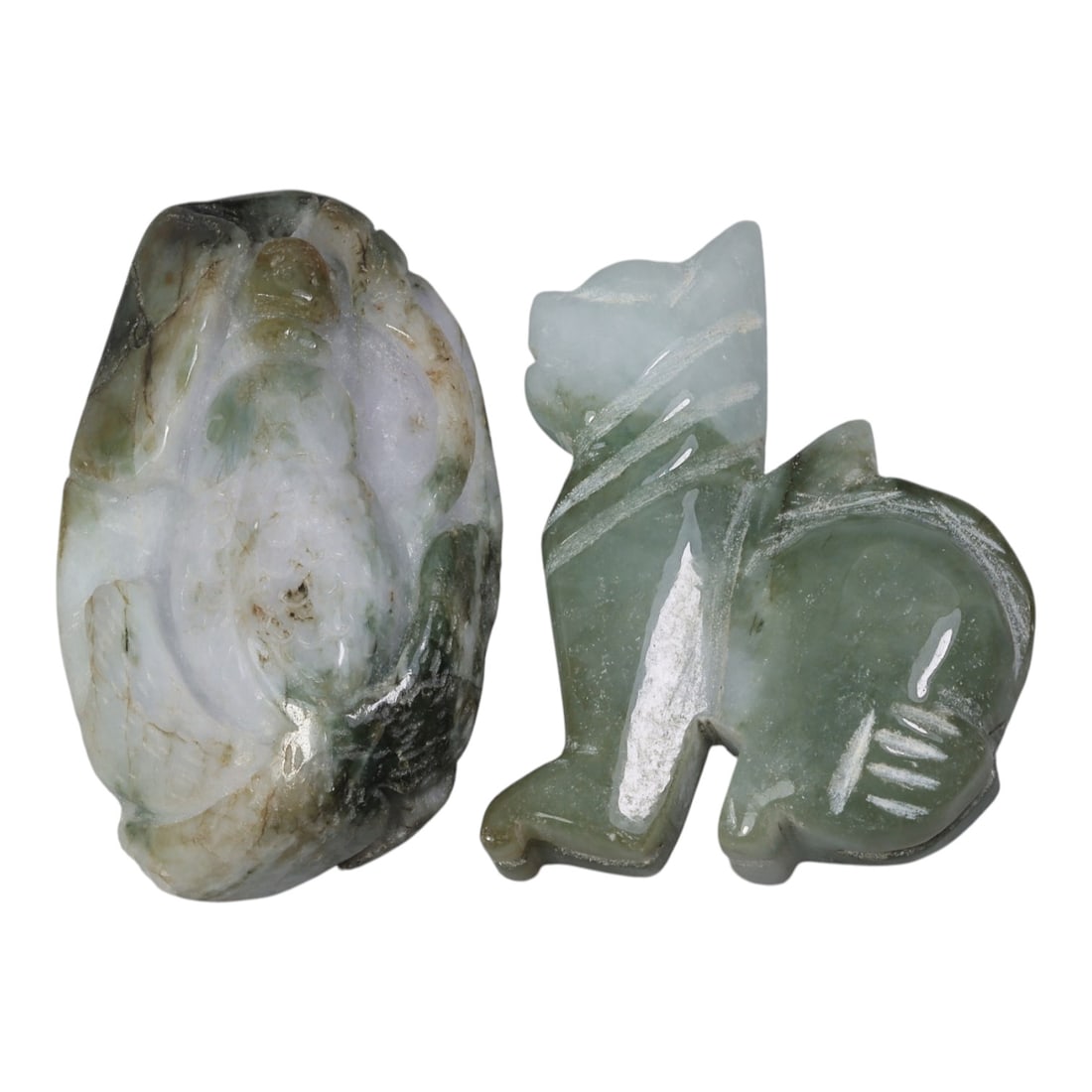 Lot of 2 Vintage Oriental Chinese Jadeite Jade Figurines, 43AG: The lot comprises two carved jadeite figurines. The left piece is a free-form pendant carved from mottled lavender, white, and green jadeite, depicting a mythical creature or fruit form with detailed 