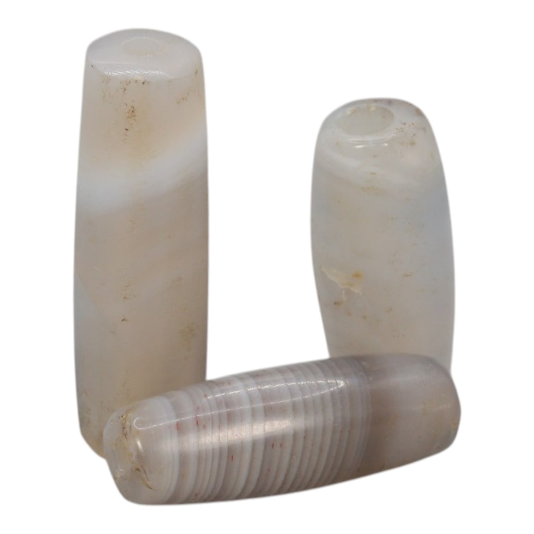 Lot of 3 Antique Central Asian / Himalayan Banded Agate Trade Beads, 15th-19th Century, 68WS: This lot comprises 3 antique banded agate beads, characteristic of Central Asian or Himalayan trade traditions. Each bead exhibits signs of significant age, including natural patination, surface wear,