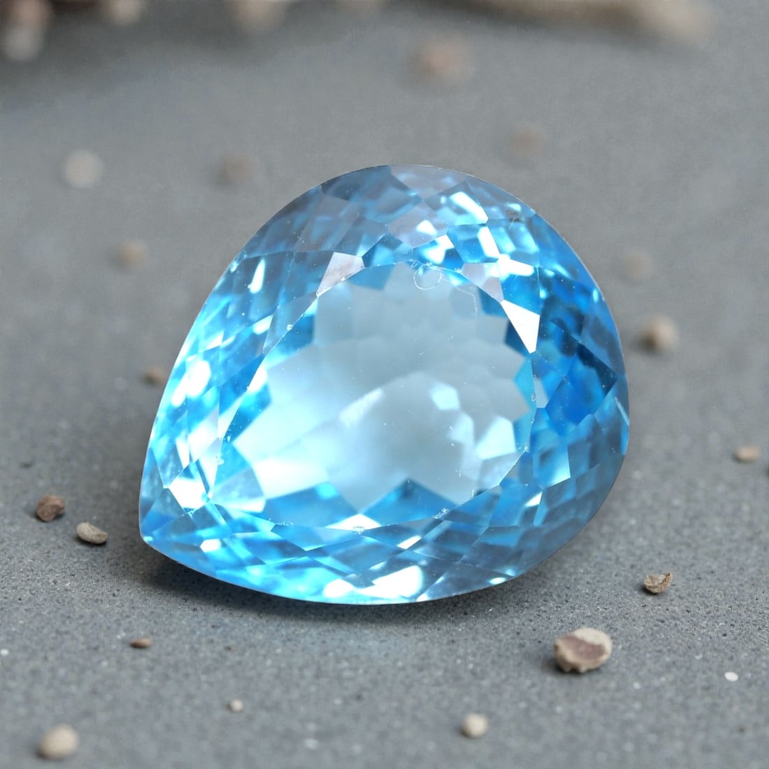 33.87 Carats Swiss Blue Topaz Pear - Natural Brazilian Stone, LZ105: This striking pear-cut Swiss blue topaz captivates with a vivid, saturated blue hue that evokes the crisp clarity of a summer sky. Its expertly faceted cut features precisely angled surfaces that maxi