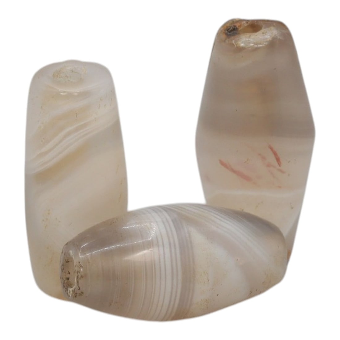 Lot of 3 Antique Central Asian / Himalayan Banded Agate Trade Beads, 15th-19th Century, 72WS: This lot comprises 3 antique banded agate beads, characteristic of Central Asian or Himalayan trade traditions. Each bead exhibits signs of significant age, including natural patination, surface wear,