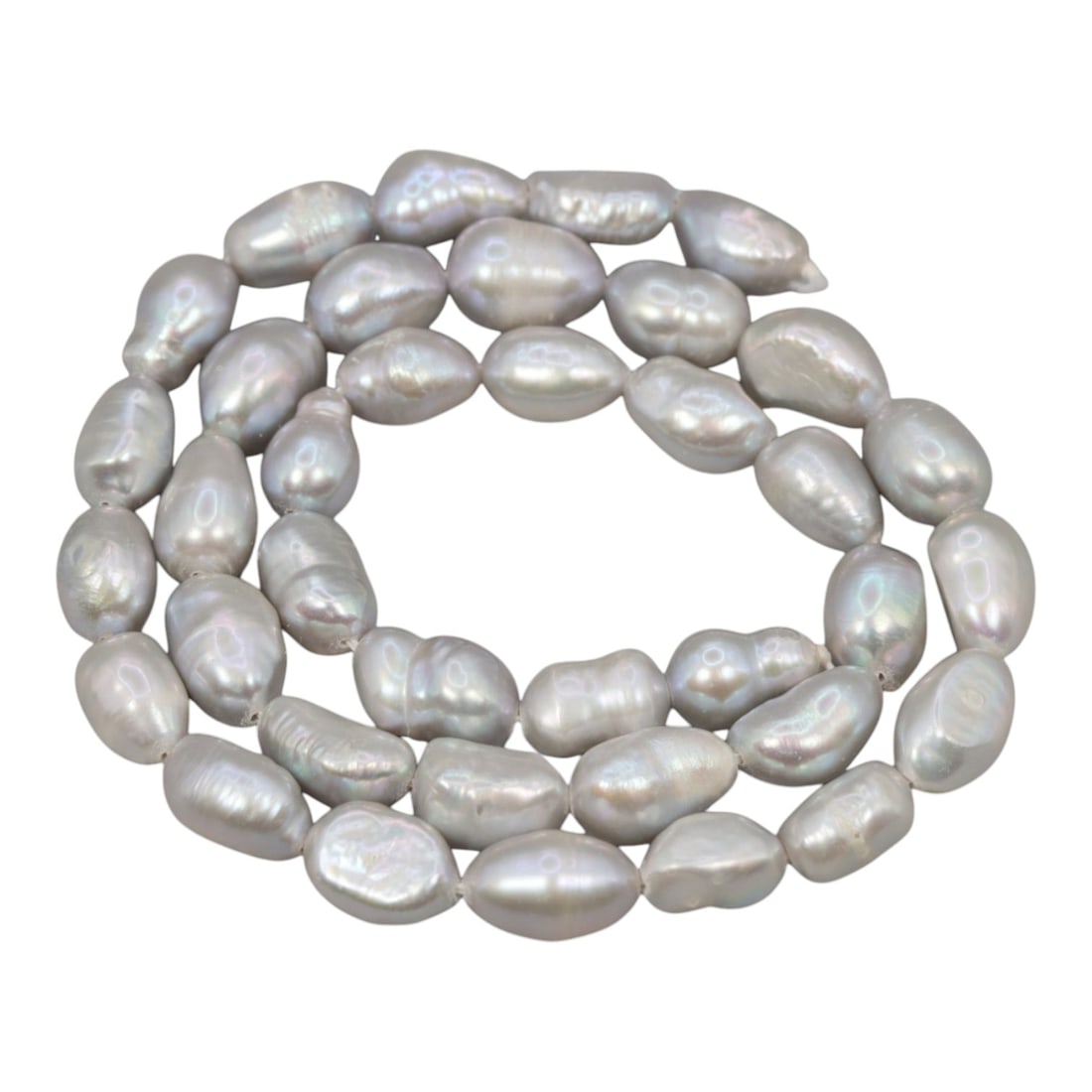 A Strand of Baroque Cultured Pearls, 20th Century, 82ZJ: Composed of baroque cultured pearls with a silvery-white body color and strong iridescent overtones, the strand is strung in a single continuous line. Each pearl exhibits an irregular, elongated shape