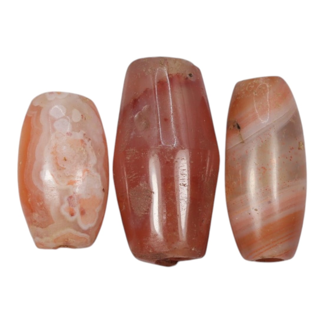 Lot of 3 Antique Central Asian / Himalayan Banded Agate Trade Beads, 15th-19th Century, 31WS: This lot comprises 3 antique banded agate beads, characteristic of Central Asian or Himalayan trade traditions. Each bead exhibits signs of significant age, including natural patination, surface wear,