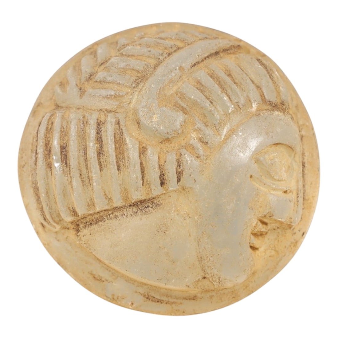 Ancient Glass Medieval Amulet - Near Eastern Relic, 89AL: This artifact is crafted from ancient glass, molded into a circular form and carved in relief with a profile human head, featuring detailed facial features and stylized hair with incised linear patter