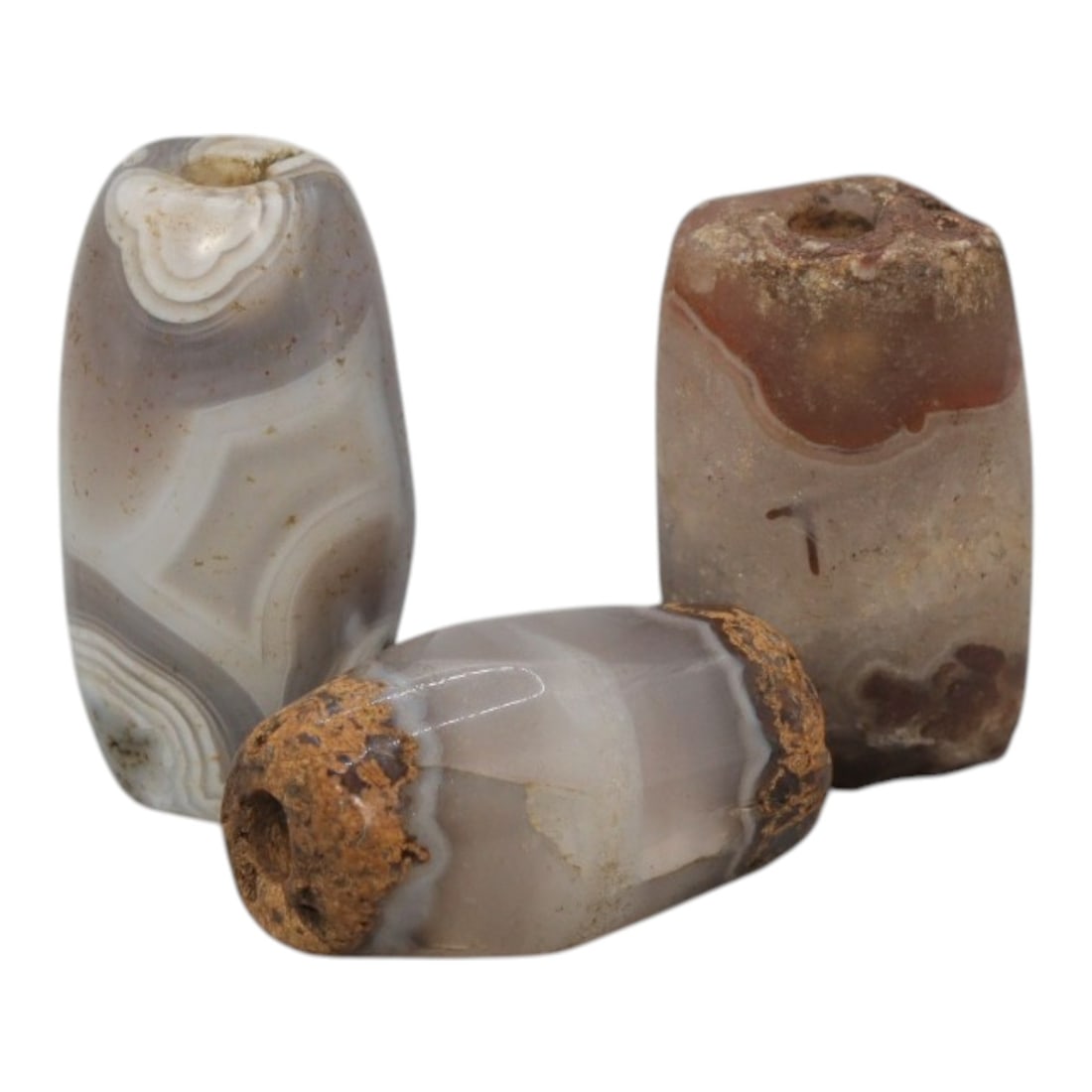 Lot of 3 Antique Central Asian / Himalayan Banded Agate Trade Beads, 15th-19th Century, 60WS: This lot comprises 3 antique banded agate beads, characteristic of Central Asian or Himalayan trade traditions. Each bead exhibits signs of significant age, including natural patination, surface wear,