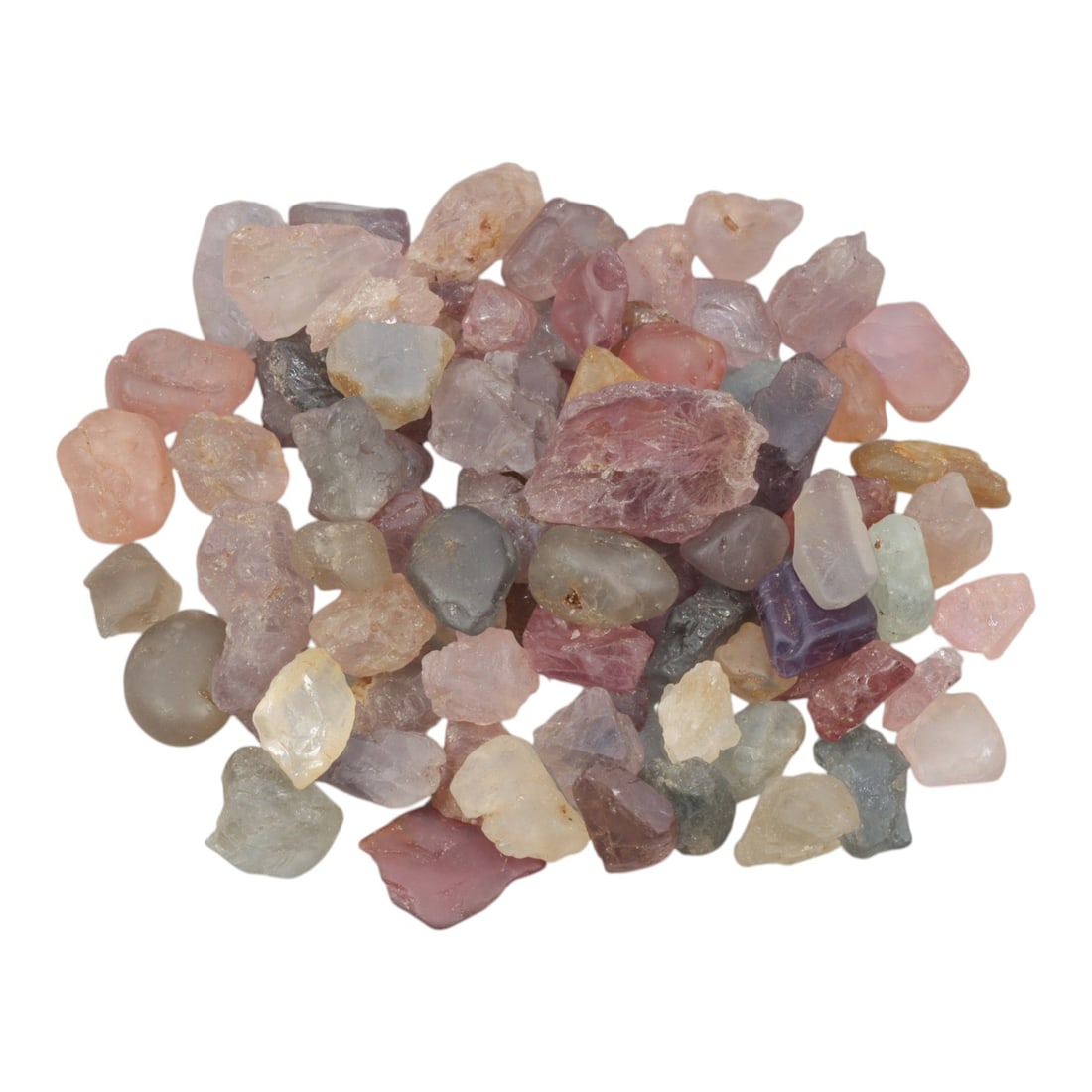120.45 Carats Natural Multicolor Tourmaline Rough Parcel, 34XE: This beautiful parcel of natural tourmaline rough showcases a soft, varied palette of pastel hues, including delicate pinks, lavender, mint greens, blues, and warm peaches. The stones are in their nat