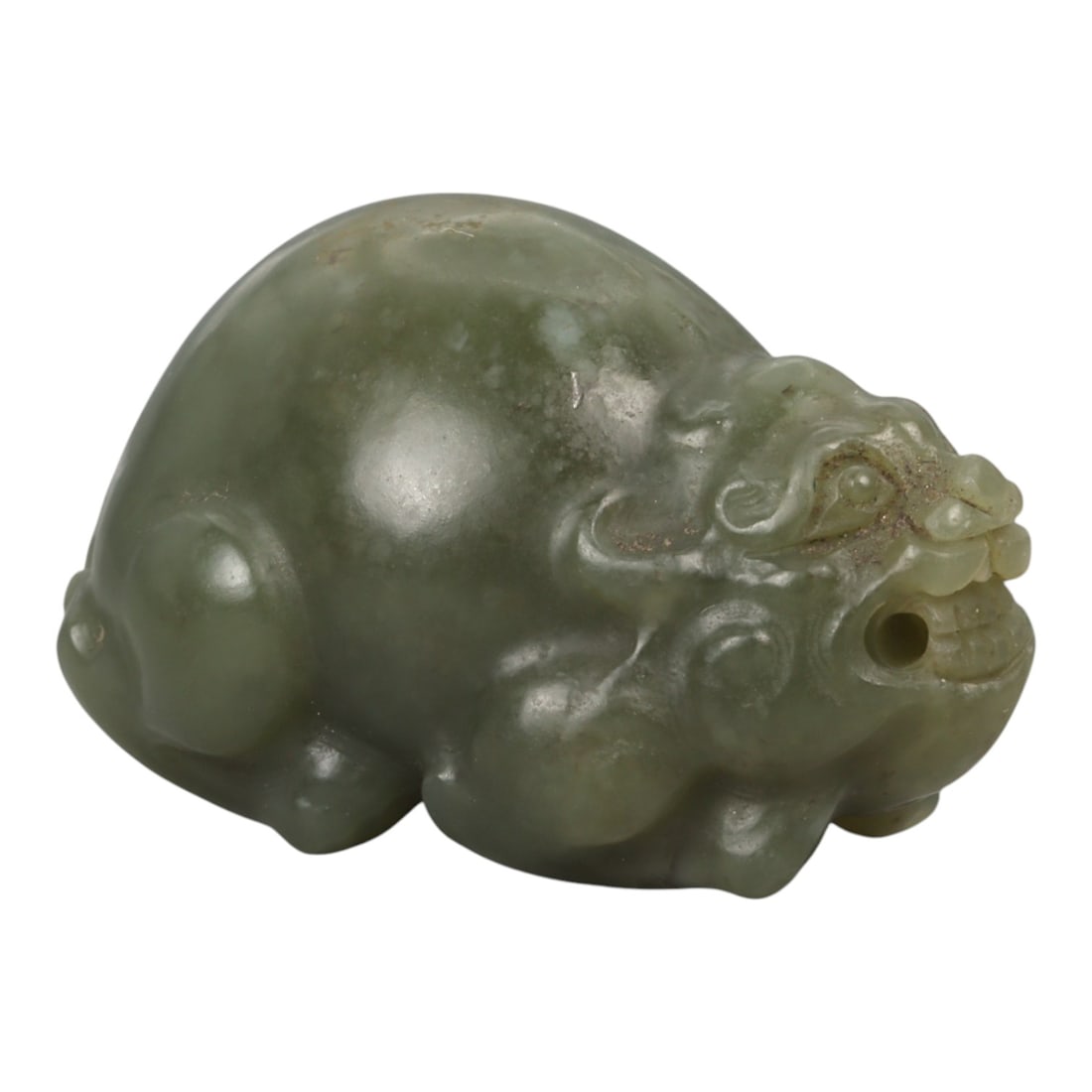 Chinese Jade Dragon-Headed Beast - Oriental Guardian Amulet, 57ZD: Carved from olive-green jade with a softly polished surface, this small sculptural amulet depicts a compact mythical creature with a dragon-like head and a rounded, crouching body. The head is modeled