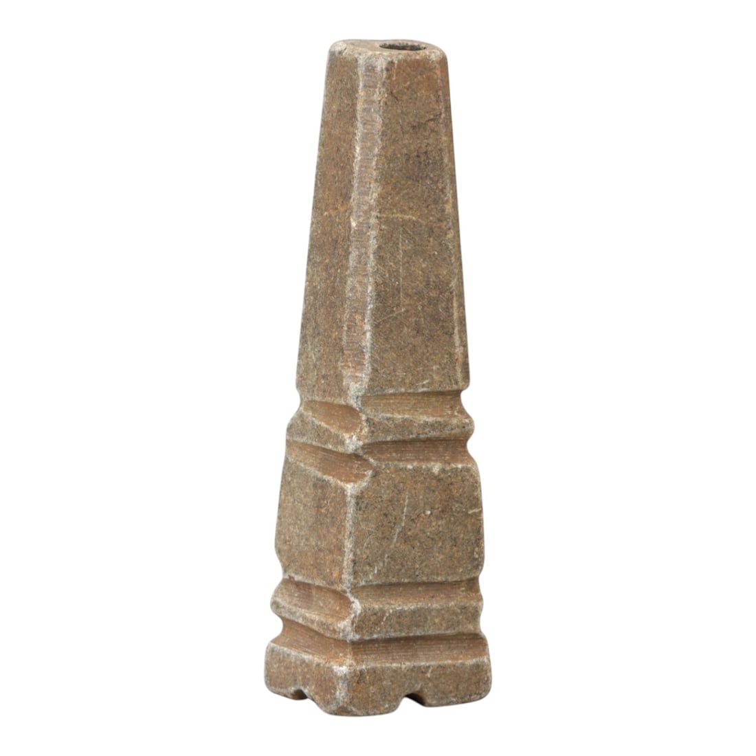 Ancient Schist Kohl Vessel - Near Eastern Cosmetic Container, 3AL: Carved from schist, this kohl vessel features a tapering, stepped form with a central perforation at the top for holding kohl, a cosmetic used for eye adornment in ancient cultures. Attributed to the 