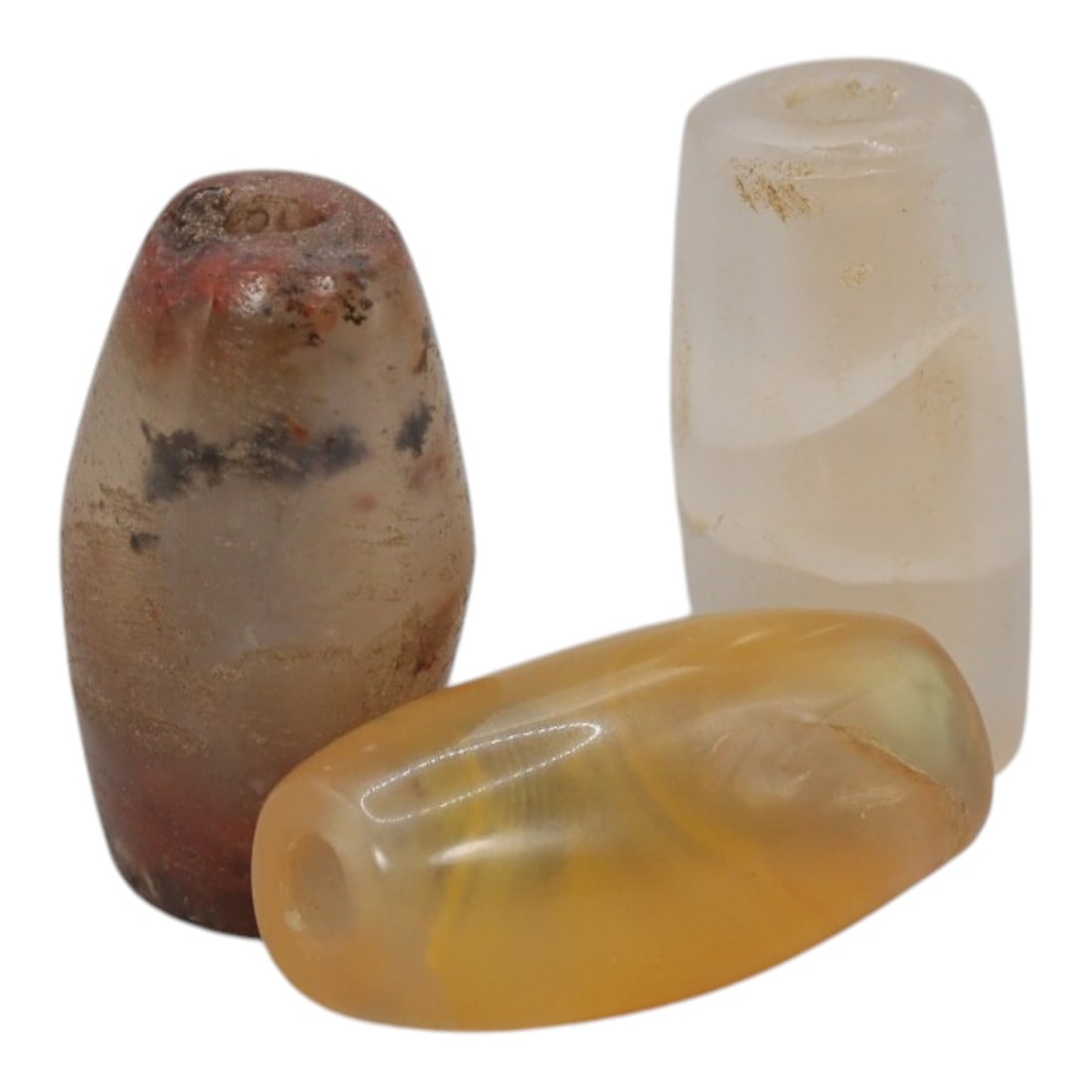 Lot of 3 Antique Central Asian / Himalayan Banded Agate Trade Beads, 15th-19th Century, 71WS: This lot comprises 3 antique banded agate beads, characteristic of Central Asian or Himalayan trade traditions. Each bead exhibits signs of significant age, including natural patination, surface wear,