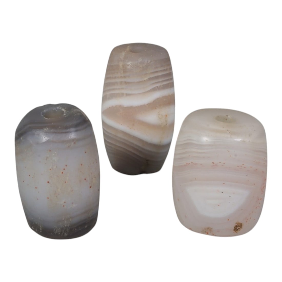 Lot of 3 Antique Central Asian / Himalayan Banded Agate Trade Beads, 15th-19th Century., 74AK: This lot comprises 3 antique banded agate beads, characteristic of Central Asian or Himalayan trade traditions. Each bead exhibits signs of significant age, including natural patination, surface wear,