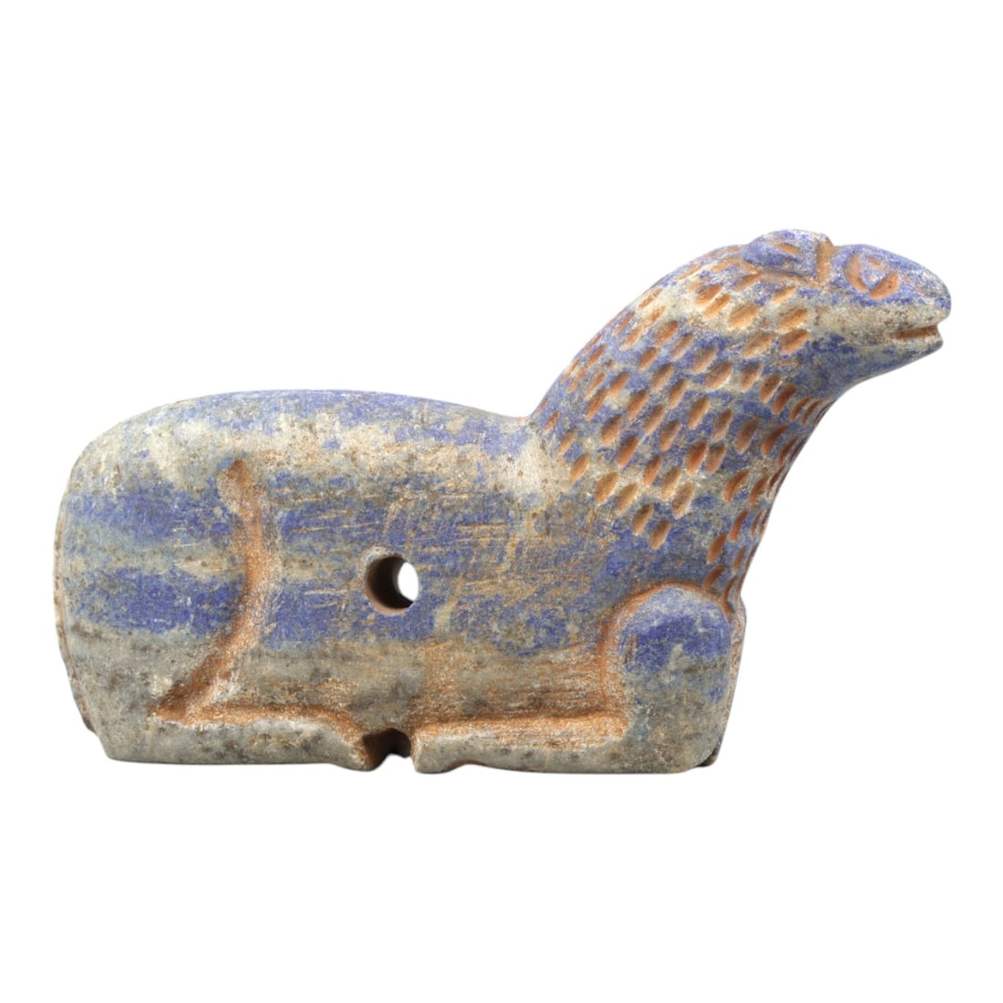 Near Eastern Lapis Lazuli Plaque - Tribal Art Zoomorphic Feline Amulet, 27ZA: Carved from solid lapis lazuli, this Near Eastern tribal art piece is shaped as a stylized zoomorphic feline amulet, executed with detailed tribal craftsmanship. The feline form is rendered in a crouc
