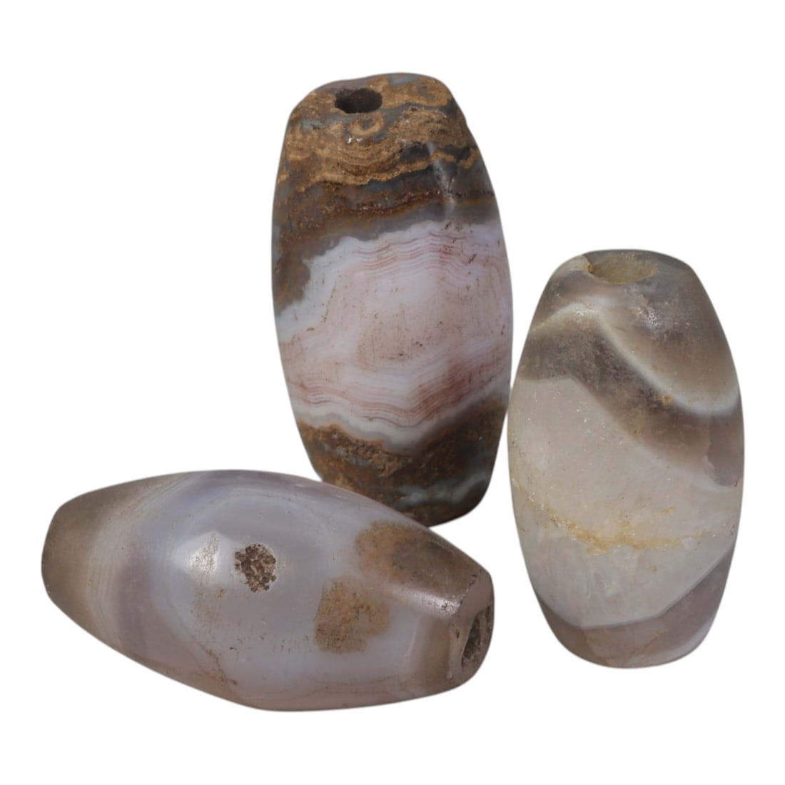 Lot of 3 Antique Central Asian / Himalayan Banded Agate Trade Beads, 15th-19th Century., 60AK: This lot comprises 3 antique banded agate beads, characteristic of Central Asian or Himalayan trade traditions. Each bead exhibits signs of significant age, including natural patination, surface wear,