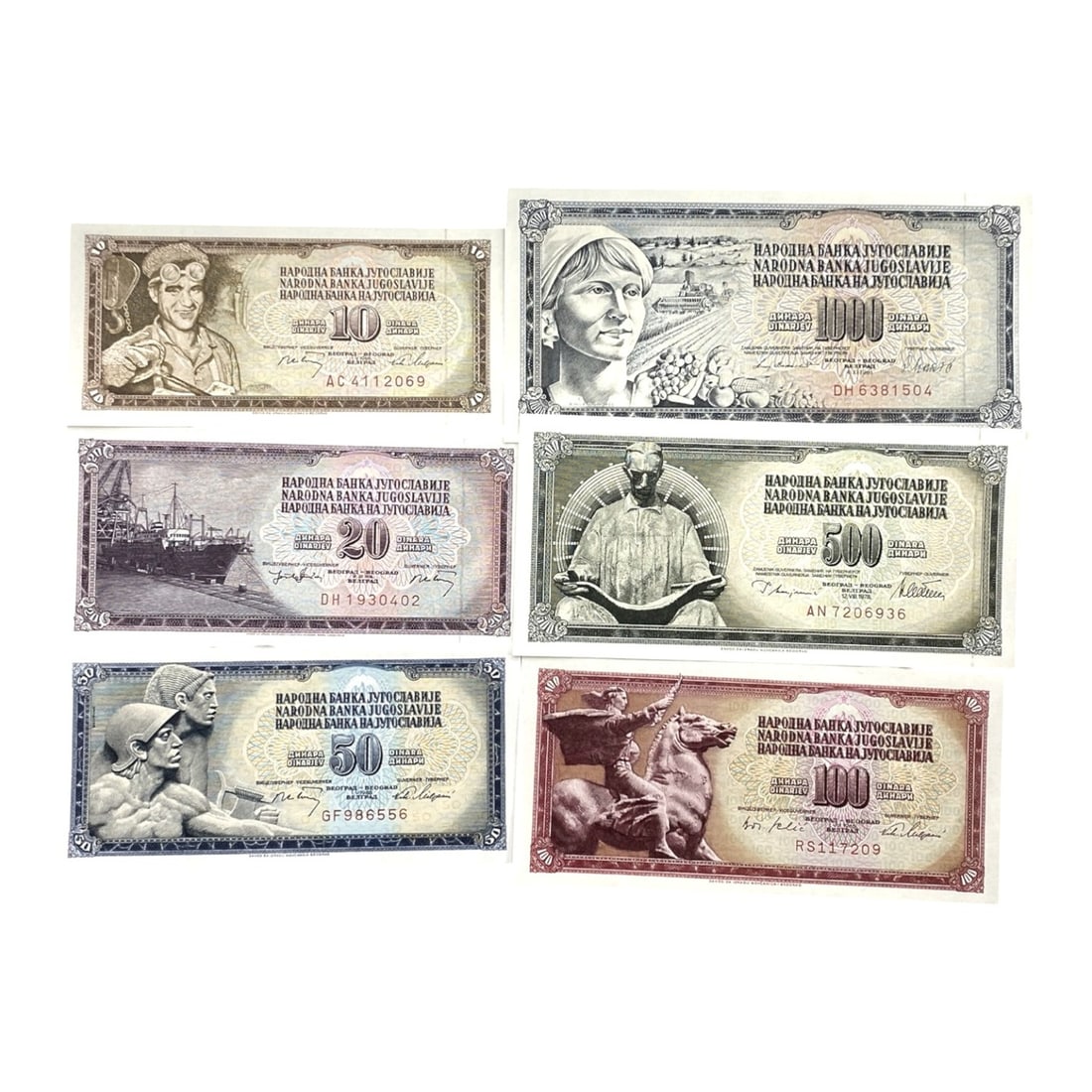 YUGOSLAVIA: Socialist Era - 10, 20, 50, 100, 500, 1000 Dinara Banknote Set, 1968-1970, 93ZJ (1 of 2)