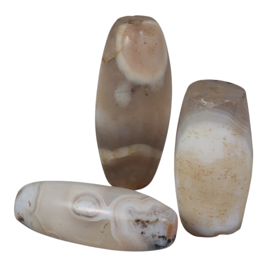 Lot of 3 Antique Central Asian / Himalayan Banded Agate Trade Beads, 15th-19th Century., 56AK: This lot comprises 3 antique banded agate beads, characteristic of Central Asian or Himalayan trade traditions. Each bead exhibits signs of significant age, including natural patination, surface wear,
