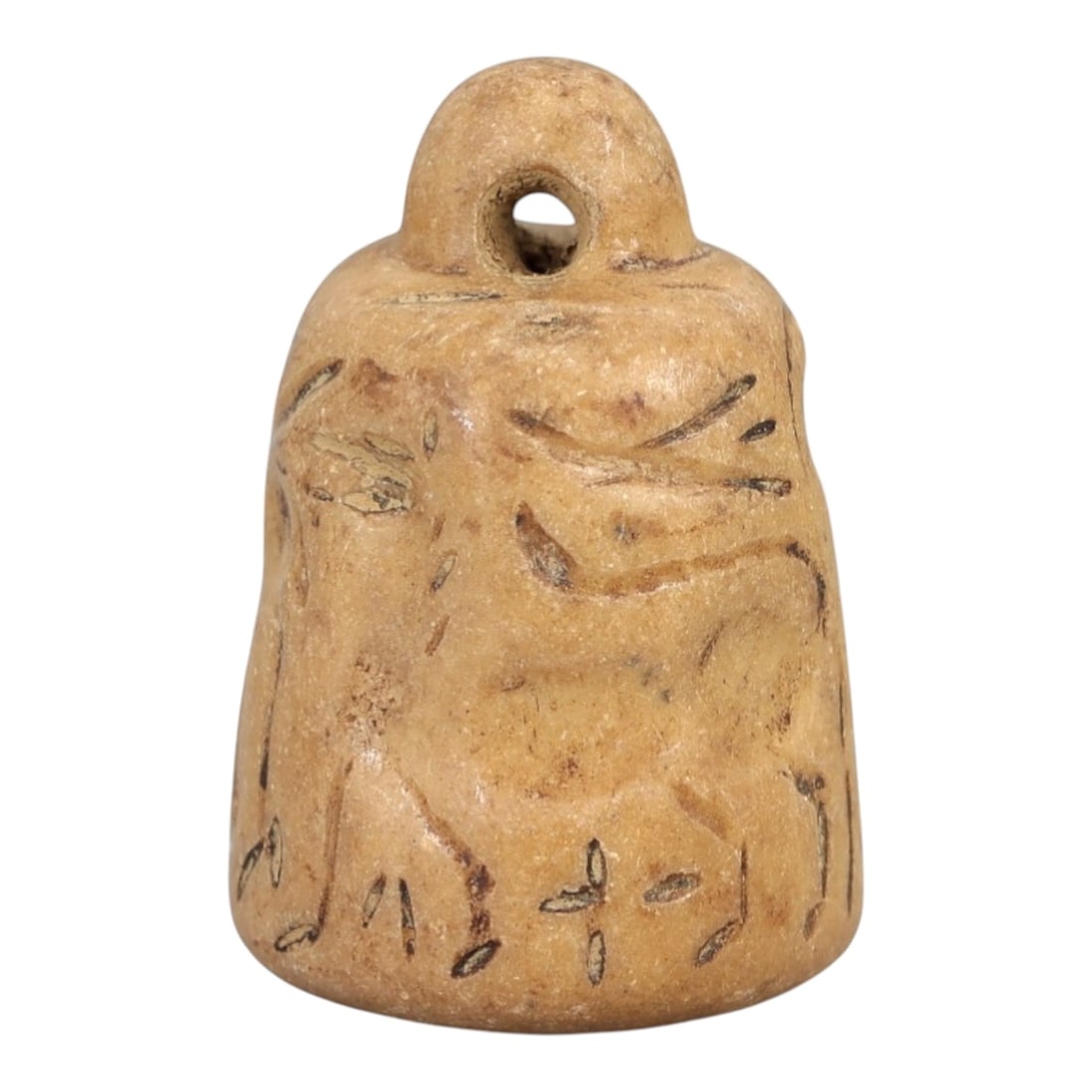 Ancient Bell-Shaped Stone Stamp Seal - Near Eastern Zoomorphic Impression, 33AM: This bell-shaped stamp seal is carved from a pale, granular stone with a warm earthy patina, exhibiting subtle surface striations and natural mineral inclusions. The form features a rounded, pierced s