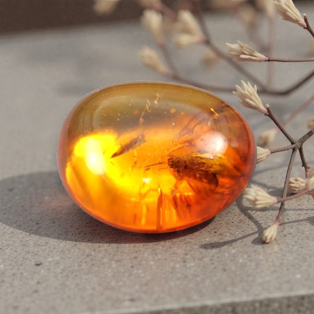 1.05 Carats Golden Amber Cabochon with Detailed Insect Inclusion - Natural Baltic Stone, LZ85: This remarkable 1.05 carat amber cabochon, measuring 8.9mm x 8.5mm x 4.3mm, is a stunning prehistoric time capsule. Polished into a smooth oval cabochon, the warm, luminous golden-orange resin preserv