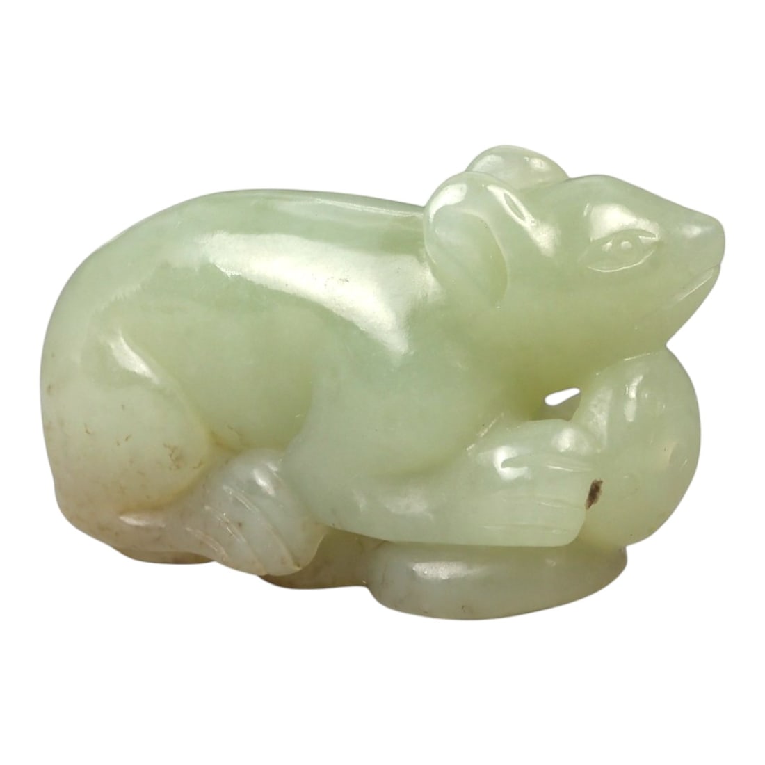 Chinese Jade Mouse - Carved Animal Figurine 3.8cm, 84ZC: Carved from pale green jade with milky translucency and gentle tonal variation, this small sculptural figure represents a mouse rendered in a compact crouching posture. The carving is executed fully i
