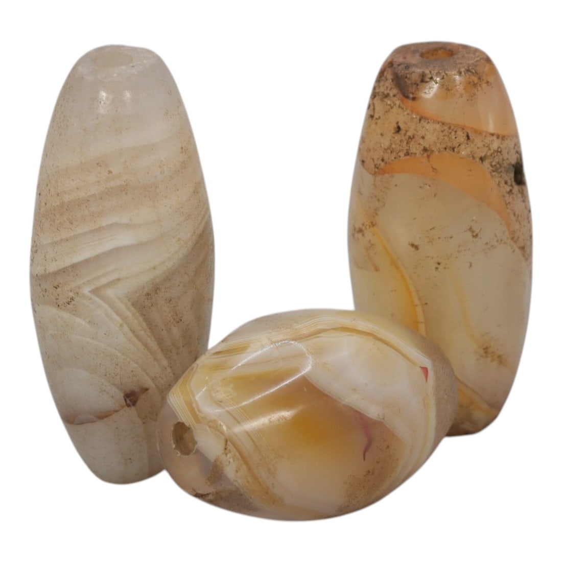 Lot of 3 Antique Central Asian / Himalayan Banded Agate Trade Beads, 15th-19th Century, 40WS: This lot comprises 3 antique banded agate beads, characteristic of Central Asian or Himalayan trade traditions. Each bead exhibits signs of significant age, including natural patination, surface wear,