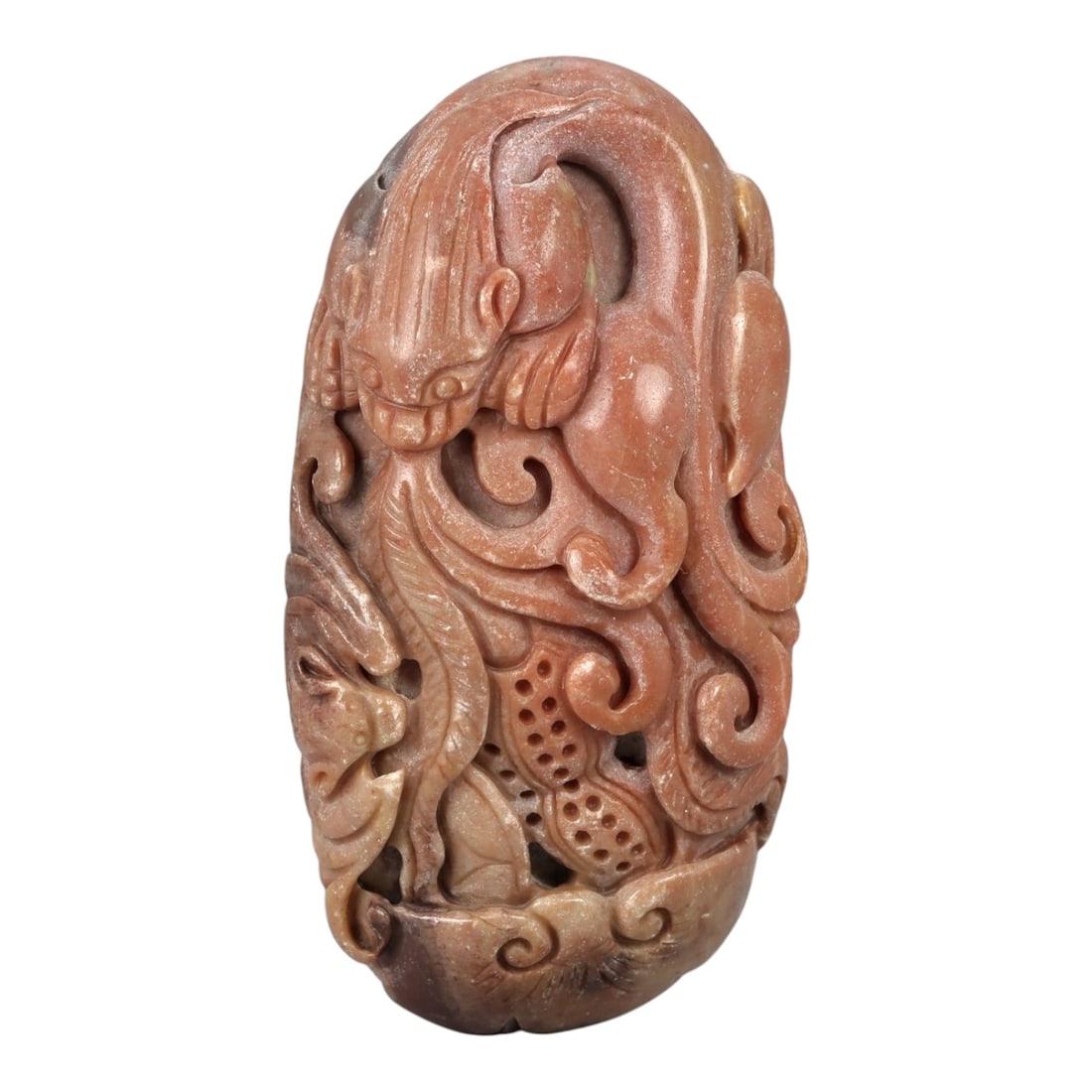 A Chinese Hardstone Carving of a Mythical Beast, 20th Century, 13FD: Carved from a dense hardstone of warm russet-brown tone with lighter inclusions, the sculpture is worked in the round as a stylized mythical beast, possibly a qilin or related zoomorphic creature. The